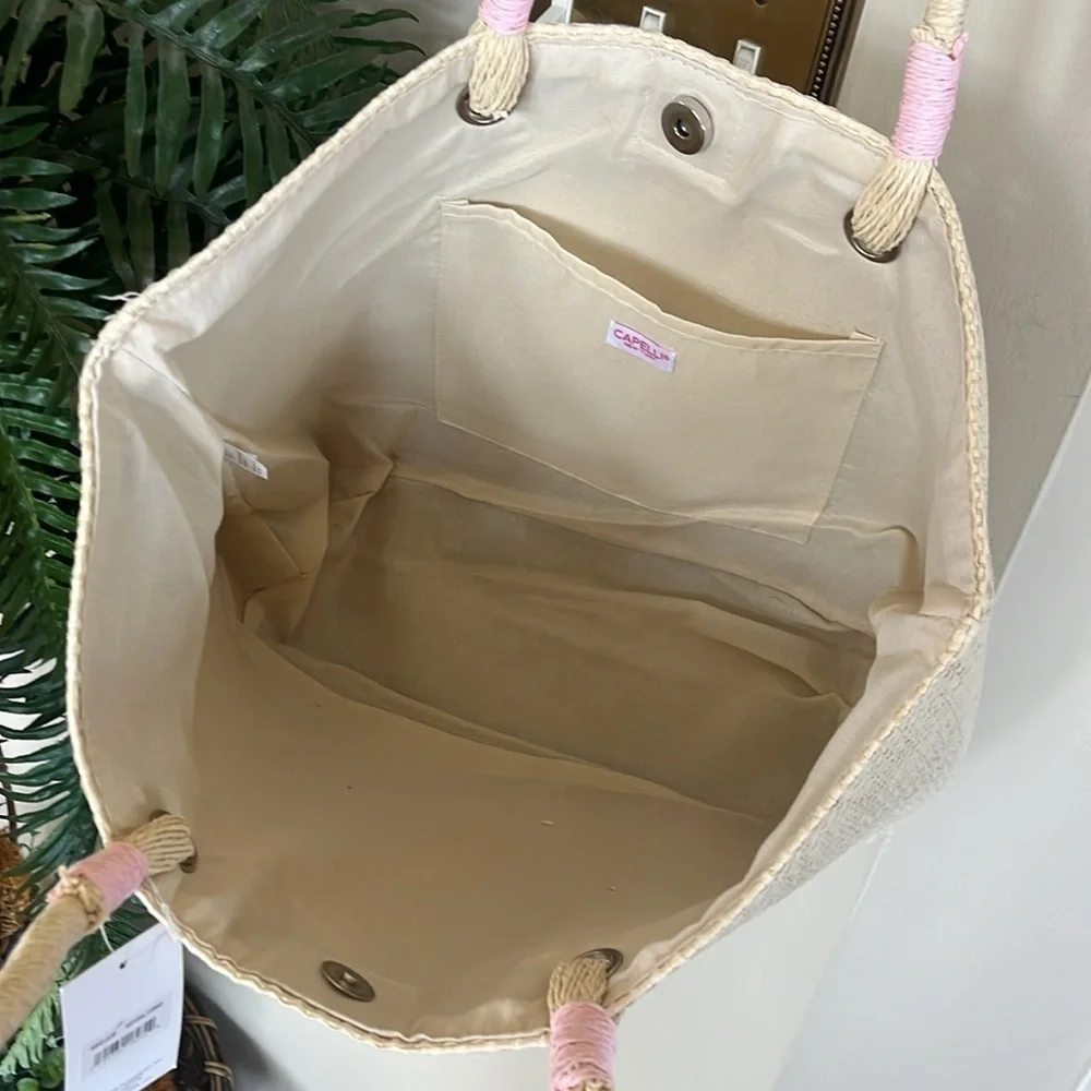 Brand New Capelli Straw Shoulder Bag Sequined Pink Heart Tote Snap Close Natural